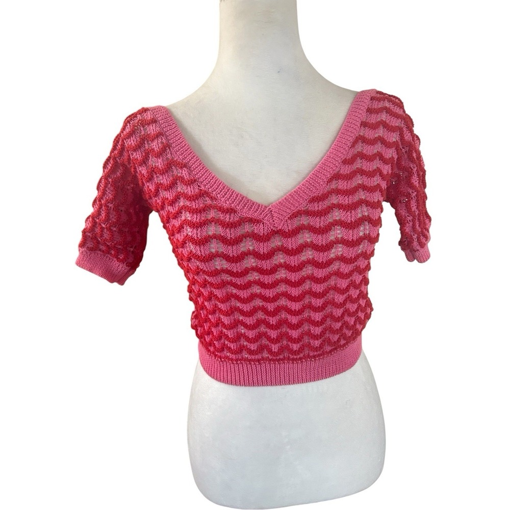 Zara Pink Red Crochet Knit Crop Top V-Neck and Back Woman SZ S Off Shoulder
